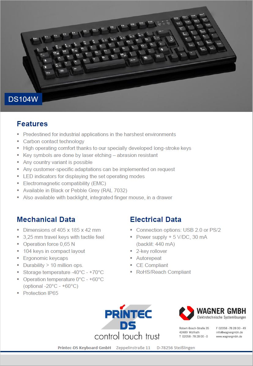 PRINTEC DS Industrie Tastatur aus Kunststoff DS 104 W