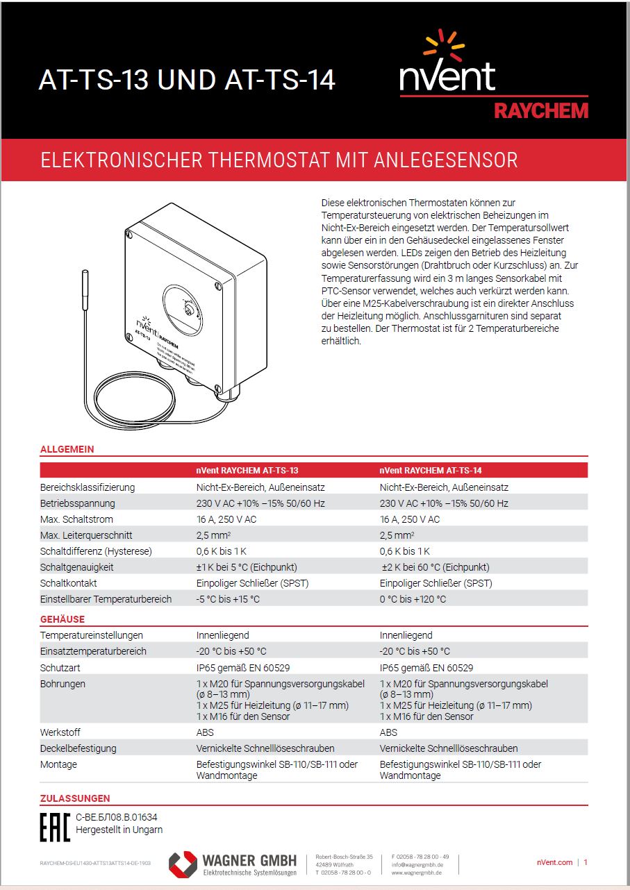 nVent RAYCHEM, AT-TS-13 und AT-TS-14, elektronische Thermostate Datenblattbild