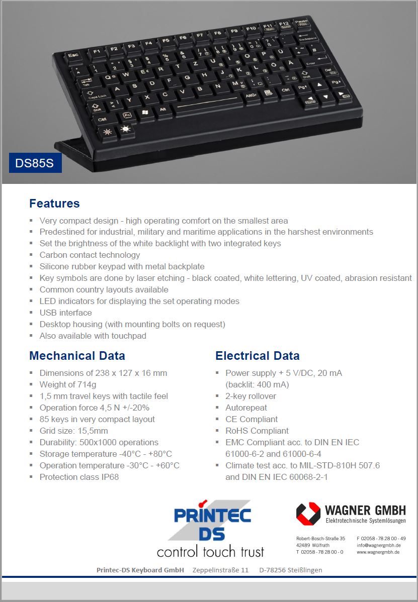 PRINTEC DS Industrie Tastaturen aus Kunststoff DS 85 S